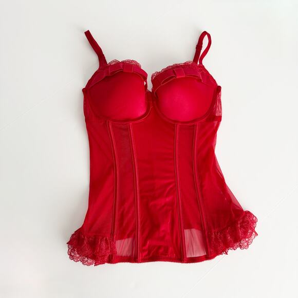 [Victoria's Secret] Red Y2K Lace Trim Satin Bow Corset Bustier Push Up Bra 36C - Picture 1 of 11